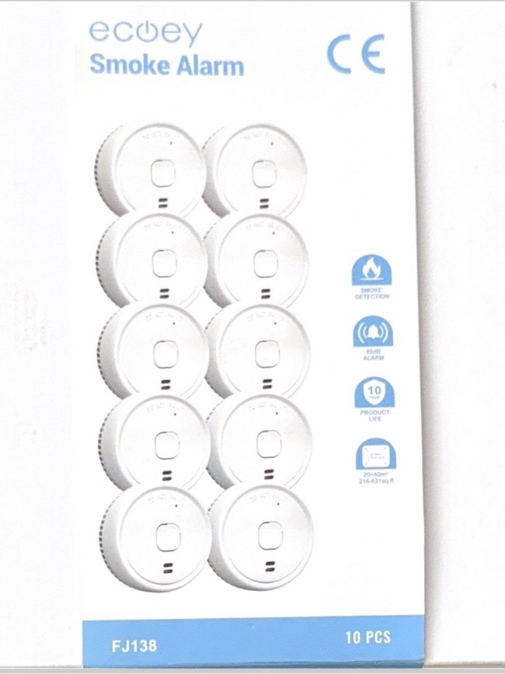 10 Pack Ecoey FJ138 Photoelectric Smoke Alarm Fire Detector Battery Powered NEW